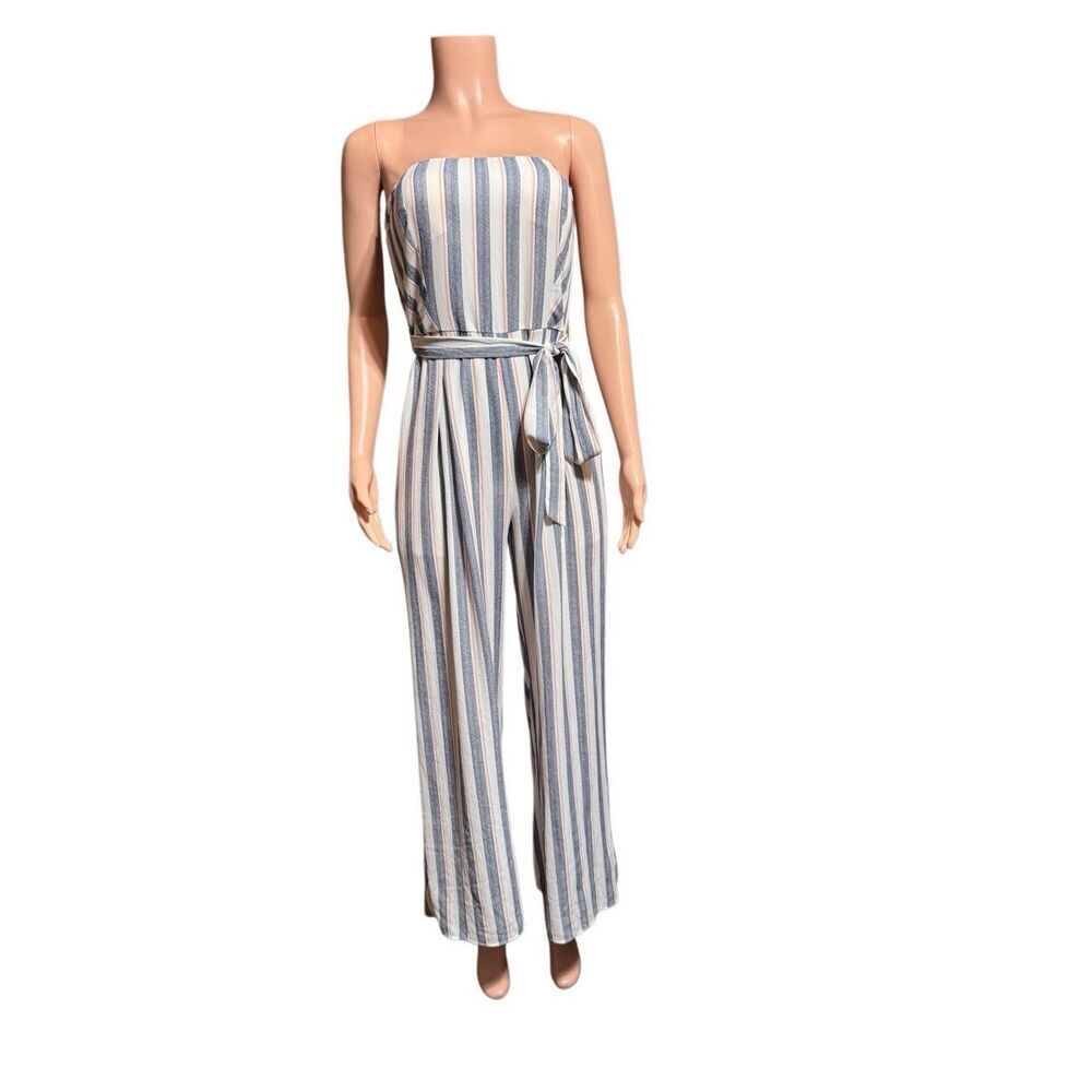 Trac women strapless stripe tie waist jumpsuit L